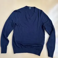 【男女】ユニクロ　エクストラファインメリノ　ネイビー Vネックセーター