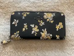 COACH 花柄 長財布 黒/黄色