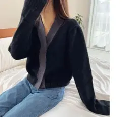 Olu. オルドット バイカラー ショートニットカーディガン