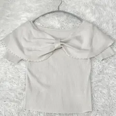 GRL グレイル　リボン 半袖リブニット アイボリー ビッグカラー パール