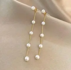 パールチェーンピアス　パール　ピアス　5連