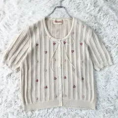 PINK HOUSE 花刺繍 半袖ニットカーディガン リボン アイボリーのサムネイル
