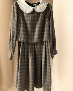 【アースミュージックエコロジー】チェック柄 長袖ワンピース フリル襟 M