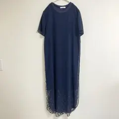 AMERI アメリ シアー 花柄ロングワンピース シフォン 半袖 マキシ丈　紺