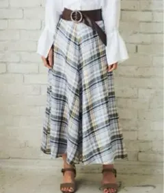 23区新品洗えるLIBECO HERRINGBONEPLAIDフレアスカート