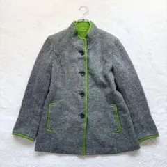★【ノアージュ】M グレー×緑 ニットジャケット スタンドカラー 冬 羽織