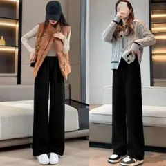 裏起毛　パンツ　♡ ブラック　楽ちん　ワイドパンツ