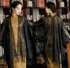 黒いレース着物ショール フリンジ付き