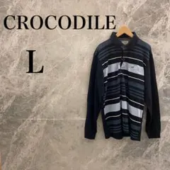 クロコダイル メンズ L ネイビー ボーダー ポロシャツ 長袖 ワンポイント刺繍のサムネイル
