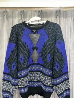 ヴィンテージ風 幾何学柄 ニットセーター Mサイズ 短丈 ブラック×ブルー