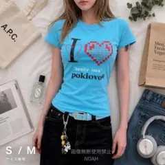 【L】Y2K ハートTシャツ 水色 チビT ストリート 平成ギャル サーファーのサムネイル