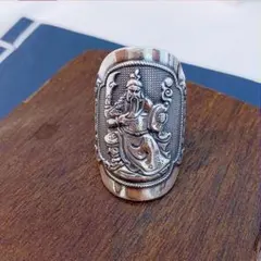 R-190 シルバー 関羽様彫刻リング 大きめ 三国志 フリーサイズ 指輪