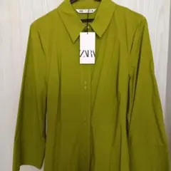 新品未使用　オリーブグリーン 長袖 Aラインシャツワンピース　コットン100