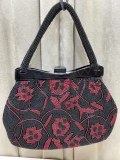 総ビーズ　ハンドバッグ　和装　ビーズバッグ がま口 ブラック