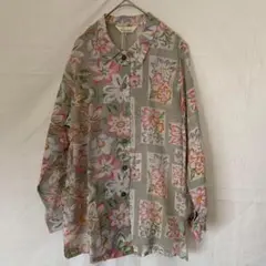 希少【ヴィンテージ】9号　グレー　花柄アンティーク柄　長袖ブラウス　レトロ