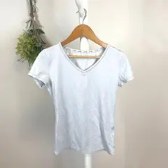 T1216 ルスーク　半袖　トップス　グレー　シンプル　伸縮性　Vネック　M