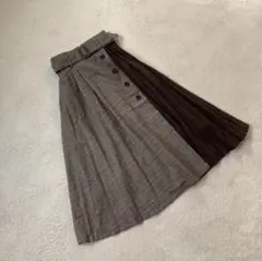 新品イング プリーツ&チェック柄フレアースカートM 茶系