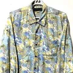 ヴィンテージL XL 総柄 柄 緑 グリーン 青 ブルー長袖 シャツ