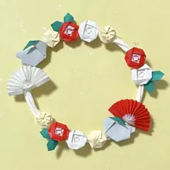 折り紙　ミニサイズ　リース　雪うさぎ　椿　赤　約10cm　飾り　和雑貨