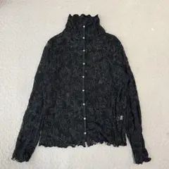 90s レディース シアー 花柄ブラウス フリルネック 総柄 透け感 レトロ