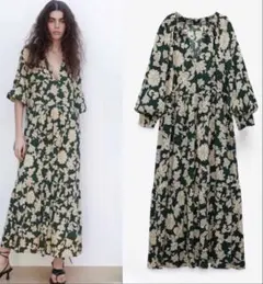 【SALE】ZARA 花柄ロングワンピース 長袖 グリーン　ペイズリー柄　Sのサムネイル