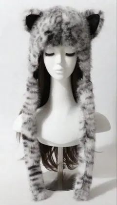猫耳付きフェイクファーニット　被り物　白黒