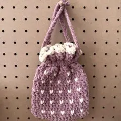 編み物　ハート模様　ミニ巾着ポーチ