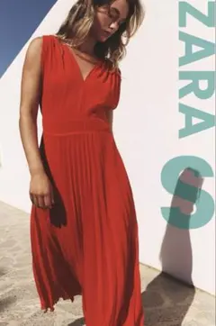 【ZARA】プリーツ加工ミディワンピース　レッド　赤