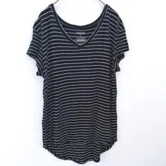 ボーダー ストライプ Vネック 半袖 Tシャツ カットソー 【S】 ブラック