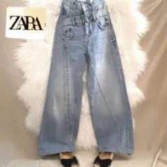 ZARA ザラ ダブルウエストバンドワイド デニムパンツ ライトブルー 32