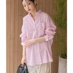 ストライプシャツ レッド L イージーケア配色ポイントロングシャツ／チュニック