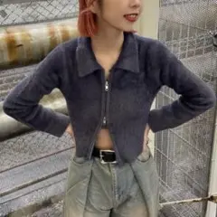 JEANASIS ダブルジップシャギーニットカーディガン