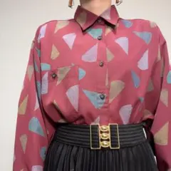 メンズ 赤 ボルドー系 アート柄 総柄 ヴィンテージ 柄シャツ