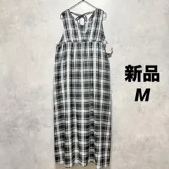 【新品】 チェック柄ロングワンピース グレー M ノースリーブ Vネック 春