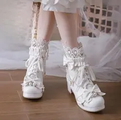 ロリータブーツ パール、レース付き　サイズ24.5cm