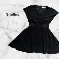 美品 シェルナ 黒 ワンピース 半袖 ウエスト切替 Aライン パーティー M