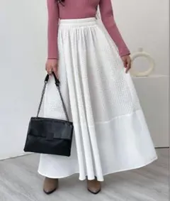 【ECLIN】未使用ふくれジャガード切替フレアロングスカートホワイト春