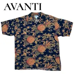 【高級シルク100%】AVANTI アロハシャツ XL パイナップル柄 紺
