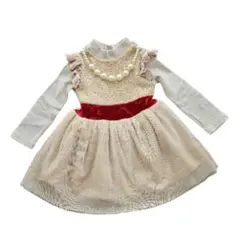 ベージュ パール装飾 ワンピース　結婚式