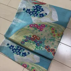 ■C693■正絹　白群色　扇面に草花模様　アンティーク名古屋帯