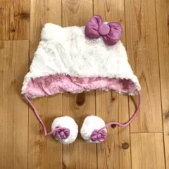 USJ ユニバ　ハローキティ　ファンキャップ ポン ポン付きハット　白ピンク