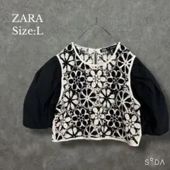 ザラ ZARA【L】クロシェットディティール入りフラワートップス ポプリン