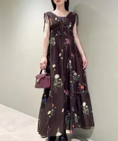 SNIDEL フラワードロストディティールワンピース 00 SSブラウン 花柄
