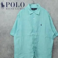 90s ポロ ラルフローレン 刺繍 半袖 コットンシャツ ライトグリーン 古着