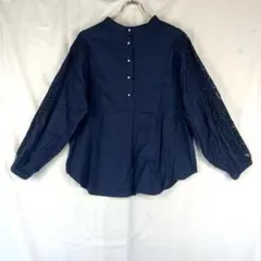 nano universe ブラウス ネイビー 刺繍 レース袖 バルーンスリーブ