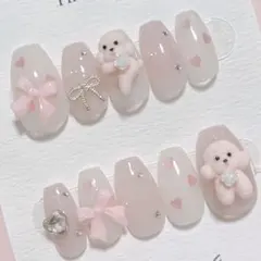 現品ネイルチップ୨୧トイプードル×リボン୨୧量産型ワンホン韓国ショートバレリーナ