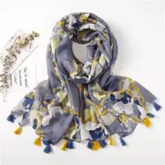 花柄タッセル付きマフラー グレー