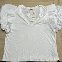 ZARA フリル付きパフスリーブ Tシャツ L ホワイト