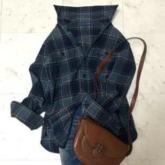 ラルフローレン グリーン イエロー チェック柄シャツ エルボーパッチ付 牛革