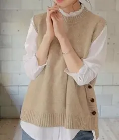 試着のみ！サイドボタン ニットベスト カーキ（XXLサイズ